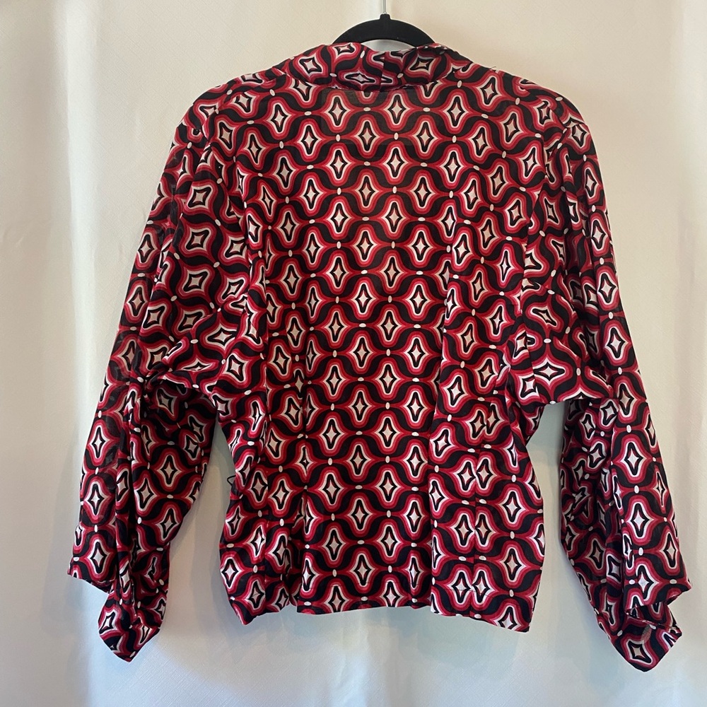 Womens Art Deco All Over Geometric Pattern Drape Collar Wrap Blouse Medium Boho - Picture 9 of 16